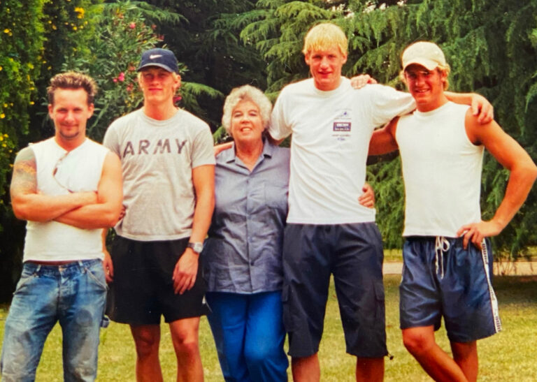 Noeline Dahlen-Maclean, some years back, with four Swedish WWOOFers which she called her angels, or "Swangels".